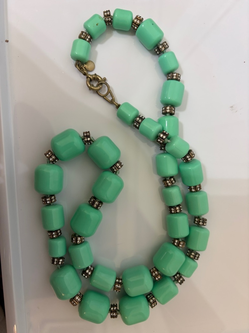 J. Crew Mint Green Chunky Cube Bead Necklace with Rhinestone Spacers